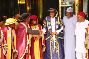 PRESIDENT BUHARI MADE GRAND PATRON OF ENGR 2. R-L; Minister of Secience and Technology, Dr Ogbonnaya Onu, the SGF, Engr Babachir David Lawal, President Muhammadu Buhari, President, The Nigerian Academy of Engineering, Engr Mrs. Jane O. Maduka and Vice President Nigerian Academy of Engineering, Engr Prof Fola Lasisi and others during the investiture of President Buhari as grand Patron of the Nigerian Academy of Engineers at the State House in Abuja. PHOTO; SUNDAY AGHAEZE. NOV 29 2016.
