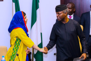 AG PRESIDENT OSINBAJO RECEIVES MALALA YOUSAFZAI.01A. R-L; Acting President Yemi Osinbajo and Malala Yousafzai during a courtesy visit at the State House in Abuja. PHOTO; SUNDAY AGHAEZE/STATE HOUSE. JULY 17 2017