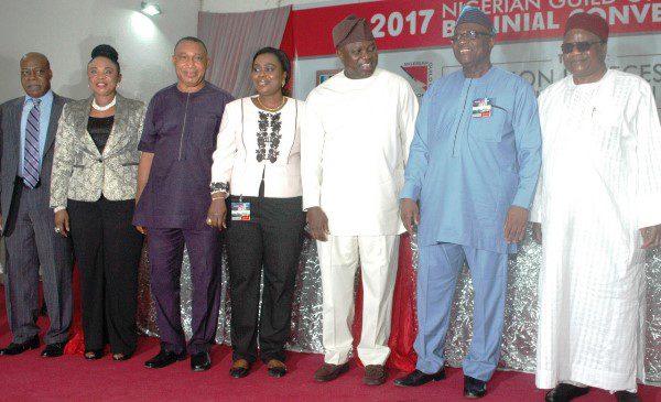 File photo: From Left: Chairman, Nigerian Guild of Editors (NGE) Electoral Committee, Mr Ray Ekpu; Publisher, The Source Magazine, Dame Comfort Obi; Guest Speaker, Mr Emma Agu; President. Nigerian Guild of Editors (NGE), Mrs Funke Egbemode;Gov. Mr Akinwunmi Ambode of Lagos State; representative of the Minister of Information and Culture and Managing Director, News Agency of Nigeria (NAN), Mr Bayo Onanuga and Former Minister of Information, Prince Tony Momoh, at the 2017 NGE Biennial Convention. Photo credit: NAN