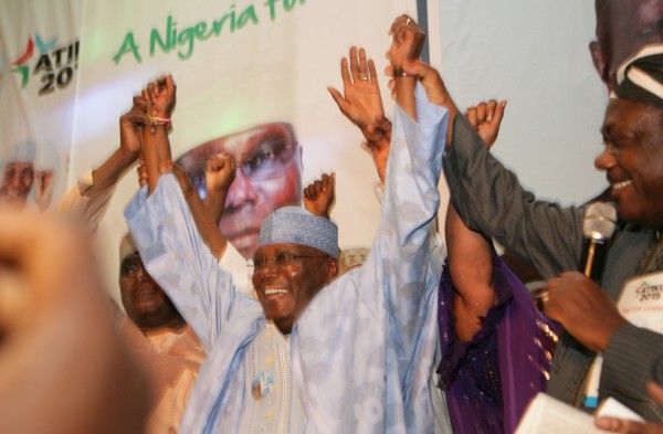 Former Vice President and chieftain of All Progressives Congress (APC), Atiku Abubakar being presented  to the public during his declaration to contest the 2015 presidential election under the platform of the APC at the Shehu Yar'Adua Centre, Abuja on Wednesday.