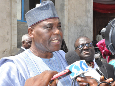 PIC. 24. CHAIRMAN, DAAR COMMUNICATION, CHIEF RAYMOND DOKPESI ANSWERING QUESTIONS FROM REPORTERS DURING HIS 60TH BIRTHDAY THANKSGIVING CHURCH SERVICE IN ABUJA ON TUESDAY (25/10/11)