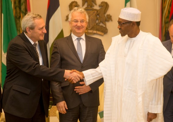 President Buhari welcoming Vice Prime Minister/Deputy Head of Government of Hungary Dr Semjen Zsolf