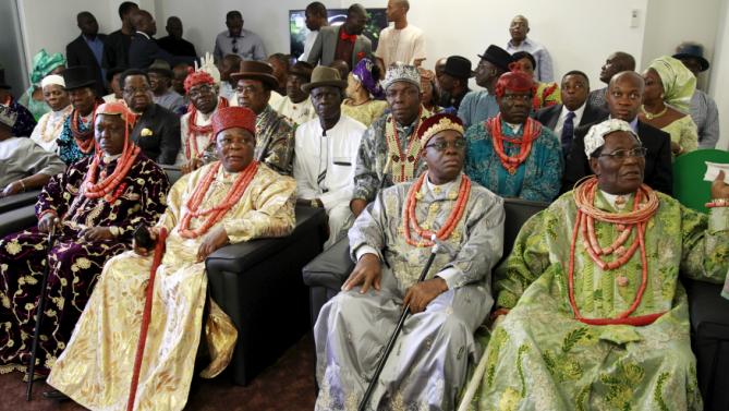 Traditional rulers from Rivers State attend a meting with Nigeria President-elect Muhammadu Buhari at the Defence House in Abuja, Nigeria, May 13, 2015. REUTERS/Afolabi Sotunde