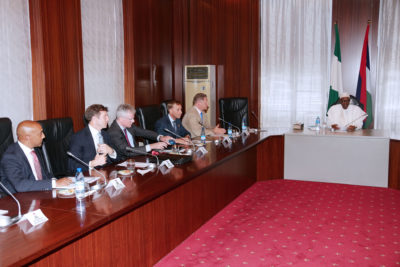 PRESIDENT BUHARI RECEIVES GAVI TEAM 0 R-L; President Muhammadu Buhari, Gavi Chief Executive Officer, Dr Seth Berkley, The Global Fund, Executive Director office of the Executive Director, Dr Mark Dybul, European Union Minister Counsellor Head of Cooperation, Mr Brian O'Neill, British Deputy High Commissioner to Nigeria, Mr Simon Shercliff and Chief Financial Officer Global Affairs, Mr Arun Thangaraj during an audience with Gavi and The Global Fund Team at the State House in Abuja. PHOTO; SUNDAY AGHAEZE. JULY 28 2016.