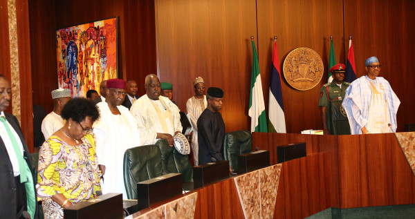 PMB PRESIDES OVER JULY FEC MEETING 2. R-L; President Muhammadu Buhari, Vice President Prof Yemi Osinbajo, SGF, Engr Babachir David Lawal, Chief of Staff, Mallam Abba Kyari and Head of Civil Service of the Federation, Mrs Winifred Oyo-Ita as President  presides over July 20th 2016 Federal Executive Council (FEC) meeting at the State House in Abuja. PHOTO; SUNDAY AGHAEZE. JULY  20 2016.