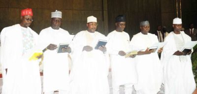 PIC. 31.FROM LEFT: CHAIRMEN OF KUJE AREA COUNCIL, MR ABDULAHI GALADIMA; GWAGWALADA  AREA COUNCIL, MR MUSTAPHA ADAMU; KWALI AREA COUNCIL, MR JOSEPH SHAZIN;BWARI AREA  COUNCIL, MR MUSA DIKKO; AMAC AREA COUNCIL, MR ABDULLAHI KANDIDO AND ABAJI AREA  COUNCIL, ABDULRAMAN AJIYA, TAKING OATH OF OFFICE DURING THE SWEARING-IN OF  FCT  CHAIRMEN BY THE CHIEF JUDGE OF FCT,JUSTICE ISHAQ BELLO IN ABUJA ON FRIDAY  (20/5/16). 3711/20/5/2016/HF/CH/NAN