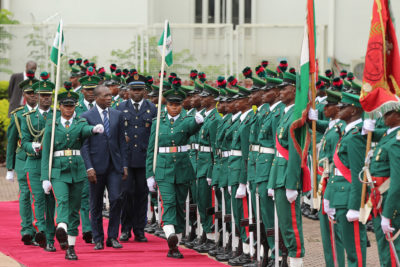 PRESIDENT BUHARI RECEIVES BENIN PRESIDENT TALON 0A. R-L; The President Republic of Benin, Mr. Patrice Talon inspects parade of guards during official visit of the President of the Republic of Benin at the State House. PHOTO; SUNDAY AGHAEZE. AUG 2 2016.