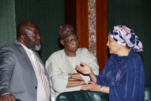 PRESIDENT BUHARI PRESIDES OVER AUG 31 FEC 17. L-R; Minister of Communication Barrister ADEBAYO Shittu, Minister of Information, Alhaji Lai Mohammed and Minister of Environment, Hajiya Amina Mohammed as President Muhammadu Buhari presides over August 31 2016 Federal Executive Council (FEC) Meeting held at the Council Chambers, State House. PHOTO; SUNDAY AGHAEZE. AUGUST 31 2016.