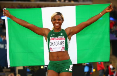 GLASGOW, SCOTLAND - JULY 31:  Blessing Okagbare of Nigeria celebrates winning gold in the Women's 200m Final at Hampden Park during day eight of the Glasgow 2014 Commonwealth Games on July 31, 2014 in Glasgow, United Kingdom.  (Photo by Ian Walton/Getty Images)