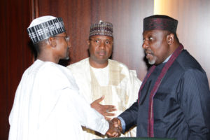 PRESIDENT BUHARI PRESIDES COUNCIL OF STATE MEETING 17. L-R; Minister of FCT, Alhaji Mohammed Musa Bello, Governor of Adamawa State Governor, Alhaji Mohammed Bidow Jubrilla and Imo State Governor, Owelle Rocharles Okorocha as President Muhammadu Buhari Presides over council of state Meeting at the State House in Abuja. PHOTO; SUNDAY AGHAEZE. SEPT 7 2016