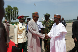 PRESIDENT BUHARI DEPARTS FOR UNGA71. PIC 2.  President Muhammadu Buhari in a handshake with the FCT Minister, Alhaji Mohammed Musa Bello as he departs from the Nnamdi Azikwe International Airport for the 71st United Nations General Assembly (UNGA71) Session  in New York. PHOTO; SUNDAY AGHAEZE. SEPT 17 2016
