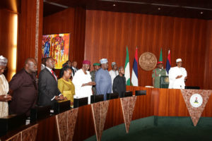 PRESIDENT BUHARI PRESIDES COUNCIL OF STATE MEETING 2. R-L; President Muhammadu Buhari, Vice President Prof Yemi Osinbajo, SGF Engr Babachir David Lawal, Chief of Staff Mallam Abba Kyari, Head of Civil Service, Mrs Winifred Oyo-Ita, NSA, Major General Babagana Mongonu and Abia State Governor, Chief Okezie Ikpeazu as President Buhari presides over council of State Meeting at the Council Chamber in Abuja. PHOTO; SUNDAY AGHAEZE. SEPT 7 2016