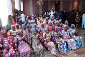 PRESIDENT BUHARI RECEIVES 21 CHIBOK SCHGIRLS 1A&B. ; Cross Section of the Released 21 Chibok School Girls as Vice President Prof Yemi Osinbajo presents the Girls to President Muhammadu Buhari at the State House in Abuja. PHOTO; SUNDAY AGHAEZE. OCT 19 2016.