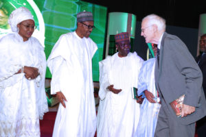 BOOK LAUNCH ON PRESIDENT BUHARI 1A&B. L-R; Wife of the President Aisha Buhari, President Muhammadu Buhari, Former Head of State Dr Yakubu Gowon, a guest and  Author of the Book, Mr John Paden during a book Launch on President Muhammadu Buhari tittle: The Challenges of Leadership in Nigeria by Mr John N Paden held at the International Conference Centre in Abuja. PHOTO; SUNDAY AGHAEZE. OCT 3 2016.