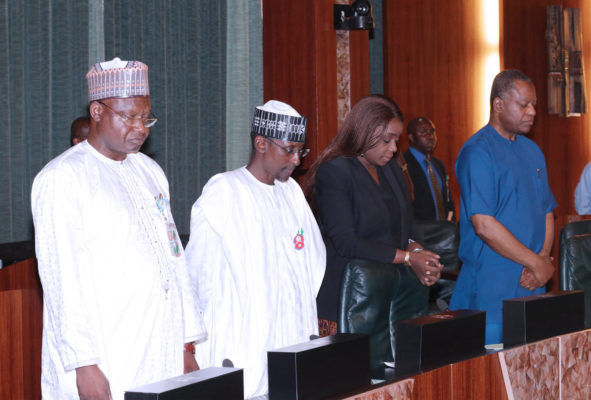 VP PROF OSINBAJO PRESIDES OVER FEC 5. L-R; Minister of State Environment, Mr Ibrahim Usman Jibril, Minister of FCT Alhaji Muhammad Musa Bello, Minister of Finance, Mrs Kemi Adeosun and Minister of Foreign Affairs, Mr Geoffrey Onyeama as Vice President Prof Yemi Osinbajo presides over Federal Executive Council (FEC) in Abuja. PHOTO; SUNDAY AGHAEZE. NOV 23 2016.