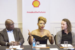 Brian Muriuki ,  Country Manager Shell Kenya , Yemi Alade, makethefuture Ambassador and Jim Reeves , the technical director from GravityLight during a round table discussion with journalist in Nairobi, Kenya, Monday, Nov 21, 2016 .Shell has teamed up with the GravityLight Foundation, a UK based energy start-up which aims to provide energy-deprived communities in Kenya with lamps powered by gravity. With the help of Shell, the start-up will bring more than 3,000 lighting devices to Kenya over the course a Õ50 Night TourÕ across 50 communities in the country, to demonstrate how collaboration Ð and the power of gravity Ð can help change lives. Photo/Karel Prinsloo