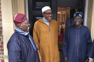 Asiwaju Bola Ahmed Tinubu (left) and Chief Akande with President Muhamadu Buhari yesterday at his London resting house.