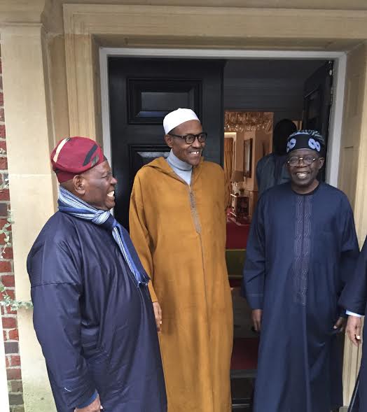 Asiwaju Bola Ahmed Tinubu (left) and Chief Akande with President Muhamadu Buhari yesterday at his London resting house.