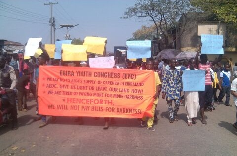 Members of EYC holding placards during the protest on 1st, Febuary, 2017