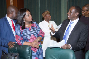 AG PRESIDENT OSINBAJO PRESIDES OVER FEC 7. R-L; NSA Major General Babagana Mongonu, Minister of Transportation, Rotimi Amaechi, Ministerof Finance, Rotimi Amaechi and Minister of State Agriculture and Rural Development, Heineken Lokpobir during the Federal Executive Council (FEC) Meeting at the State House in Abuja. PHOTO; SUNDAY AGHAEZE. MAR 1 2017