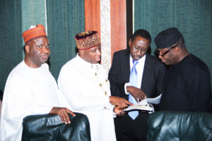 AG PRESIDENT OSINBAJO PRESIDES OVER FEC 9B. R-L; Minister of Mines and Steel, Dr Kayode Fayemi, NSA Major General Babagana Mongonu, Minister of Transportation, Rotimi Amaechi and Minister of State Mines and Steel, Hon Abubakar Bawa Bwari during the Federal Executive Council (FEC) Meeting at the State House in Abuja. PHOTO; SUNDAY AGHAEZE. MAR 1 2017