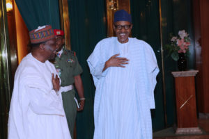 PRESIDENT BUHARI RECEIVES FMR HEAD OF STATE DR GOWON 3. President Muhammadu Buhari receives former Head of State, General Yakubu Gowon during a meeting at the State House in Abuja. PHOTO; SUNDAY AGHAEZE. APR 4 2017