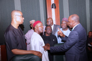 AG PRESIDENT OSINBAJO PRESIDES OVER FEC 11. R-L; Minister of Transportation, Rotimi Amaechi, Minister of State Mines and Steel, Abubakar Bawa Bwari, Minister of Health Prof Isaac Adewole, Minister of Science and Technology, Dr Ogbonnaya Onu and Minister of Industry Trade and Investment, Okechukwu Enelamah during the FEC Meeting held at the Council Chamber in Abuja. PHOTO; SUNDAYAGHAEZE MAY 17 2017