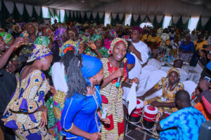 WOMEN AFFAIRS MINISTER, PARENTS AND FREED CHIBOK SCH GIRLS MEETS AGAIN 4 Saraya Yaga drums as other freed Chibok School Girls dance during the second meeting of Parents and Freed 106 Chiboks Girls as they prepare to enter high school for their remedial studies in September 2017. The Meeting took place at the A Class Garden in Abuja. PHOTO; SUNDAY AGHAEZE/STATE HOUSE. July 22, 2017