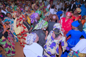WOMEN AFFAIRS MINISTER, PARENTS AND FREED CHIBOK SCH GIRLS MEETS AGAIN 00A&B. Minister mof Women Affairs, Senator Aisha Alhassan dance with Cross Section of the girls and praising God during the second meeting of Parents and Freed 106 Chiboks Girls as they prepare to enter high school for their remedial studies in September 2017. The Meeting took place at the A Class Garden in Abuja. PHOTO; SUNDAY AGHAEZE/STATE HOUSE. July 22, 2017