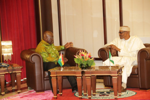 PRESIDENT BUHARI RECEIVES GHANA PRESIDENT 3A&B. L-R; President Muhammadu Buhari Chat with The President of Ghana, H.E Nana Dankwa Akufo-Addo in a close door during a visit to the State House in Abuja.PHOTO; SUNDAY AGHAEZE/STATE HOUSE . SEPT 12 2017