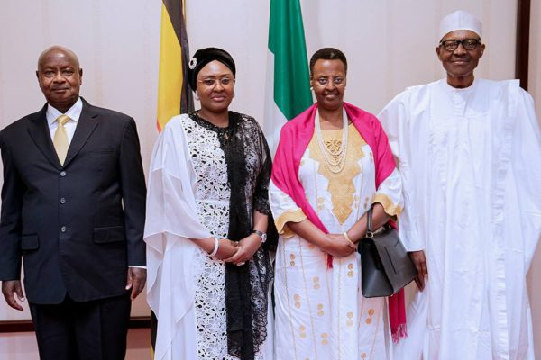 President Buhari with R-L: First Lady of Uganda H.E. Mrs Janet Museveni, Wife of Nigerian President Mrs Aisha Buhari and President of the Republic of Uganda H.E. Yoweri Kaguta Musveni during a courtesy call to the State House on 15th Sept 2017. 