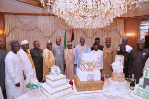 PRESIDENT BUHARI SURPRISE BIRTHDAY@75 4. R-L; Speaker Rt Hon Yakubu Dogara, APC Chieftain Mai Buni, Vice President Yemi Osinbajo, President Muhammadu Buhari, APC Chieftain Senator Ahmed Bola Tinubu, President of the Senate, Bukola Saraki, Governor Abdulaziz Yari, Alhaji Aliko Dangote, Jigawa Governor and others during a surprise 75th birthday get-together at his Residence Presidential Villa Abuja. PHOTO; SUNDAY AGHAEZE. DEC 17 2017