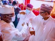 Atiku Greets Buhari In “COVID-19 Way” At Yusuf’s Wedding In Bichi