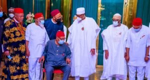 Nnamdi Kanu: Chief Mbazulike Storms Aso Rock With Others, Begs Buhari To Quench Fire Burning In East